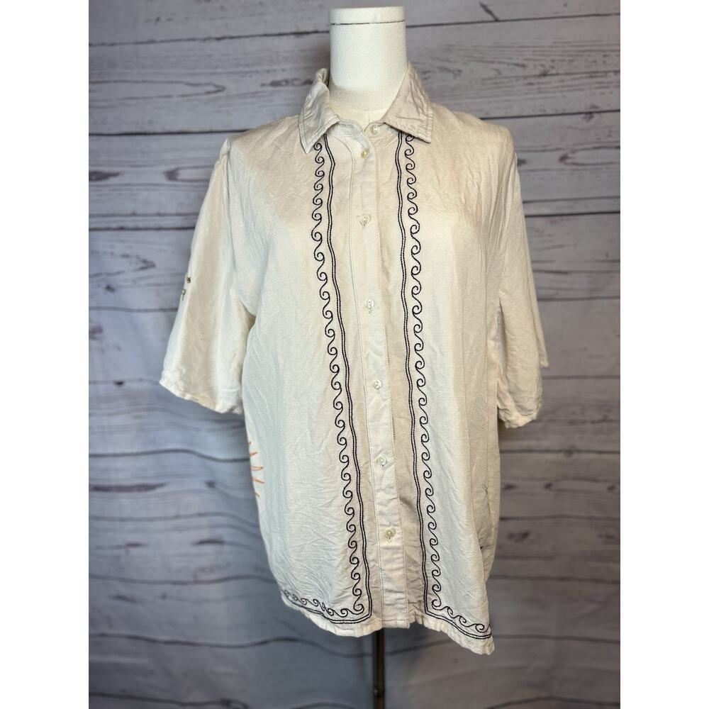 Rip Curl Beach Party Embroidered Linen Blend Camp Shirt Beige Cream Medium